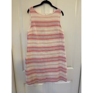 Beach Lunch Lounge Pink White Navy Stripe Linen Blend Shift Dress Sleeveless M